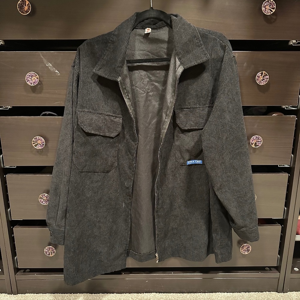 Black Corduroy Zip Up Jacket with Two Front Pocket